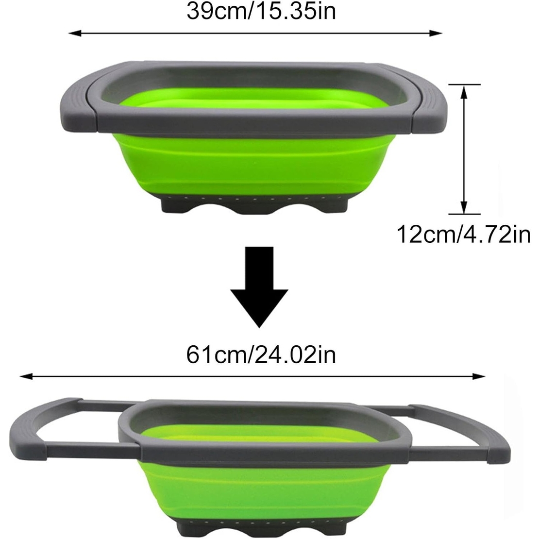 Cos de Scurgere Retractabil pentru Chiuveta, Flippy, cu Filtru, pentru Fructe si Legume, de Uz Casnic, 39x12 cm, Design Extensibil pana la 61 cm, cu Manere de Prindere, Verde