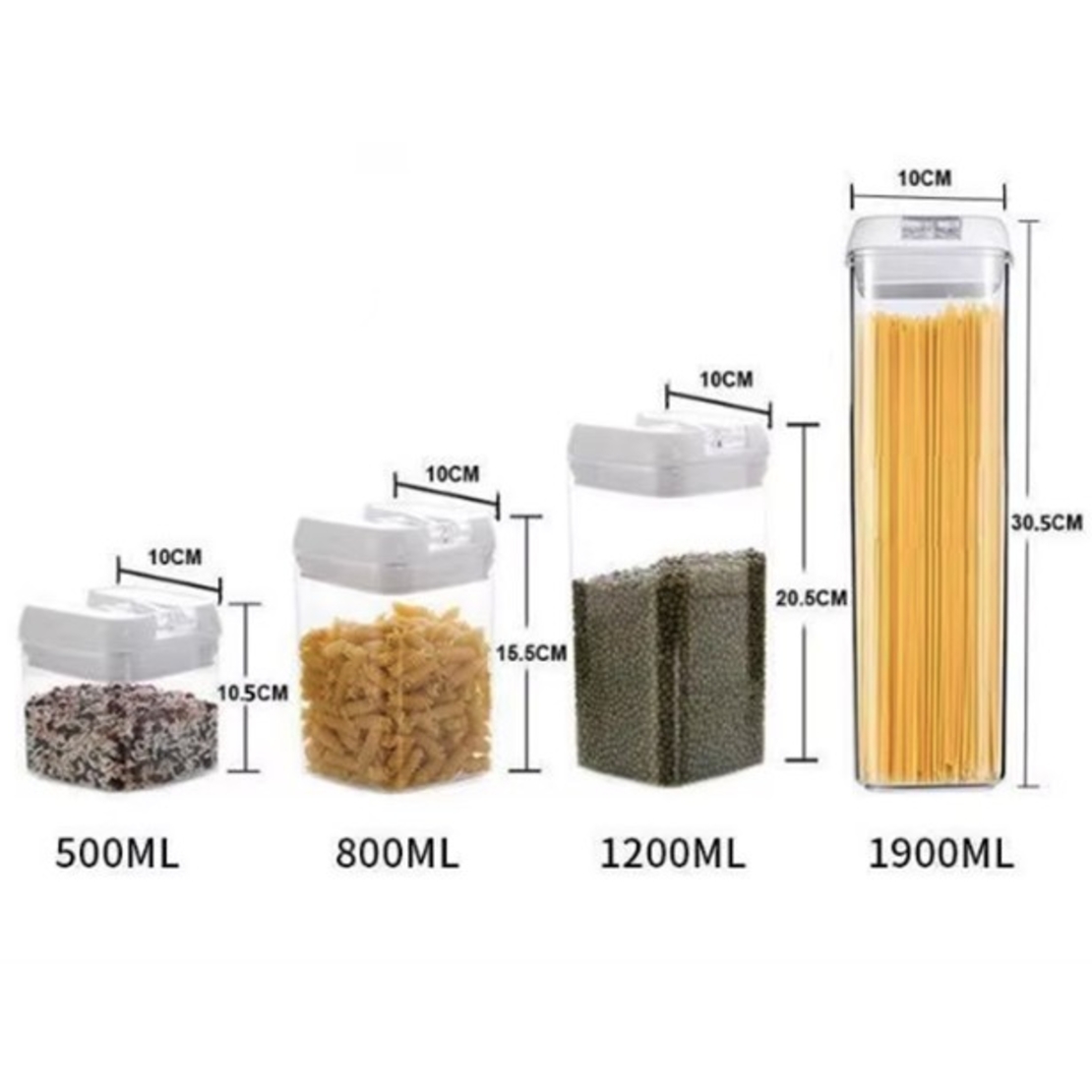 Cutii de Depozitare Alimente, Flippy, set din 5 Cutii pentru Condimente, Volumetrie 0.5l, 0.8l, 1.2l, 1.9l, Transparente cu Capac Alb