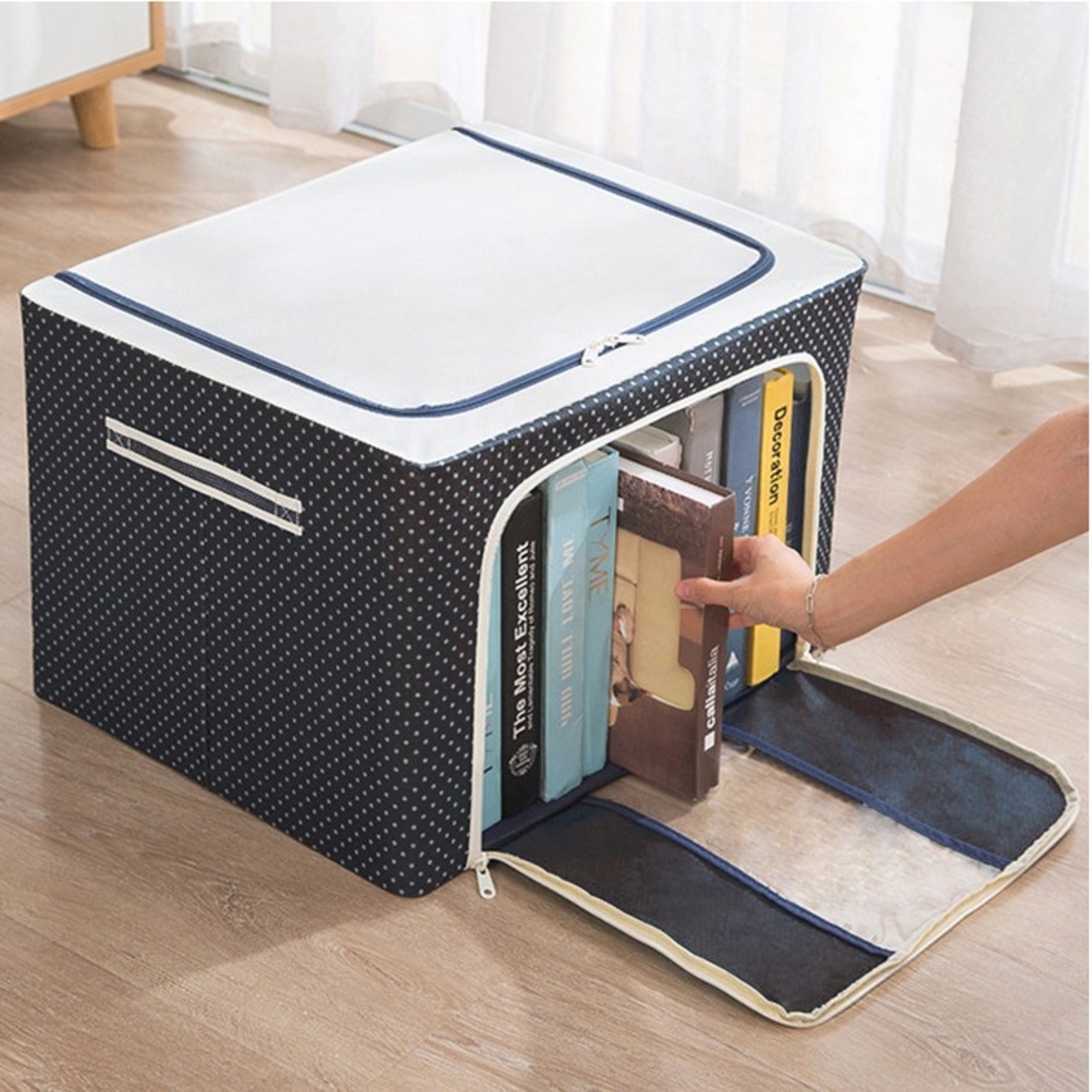 Cutie de Depozitare Pliabila, Flippy, Cu Fermoar, 66 L, Textil, 50 x 40 x 33 cm, Cadru Metalic, Suport Baza Stabil din Plastic, Imprimeu Buline, Albastru Marin