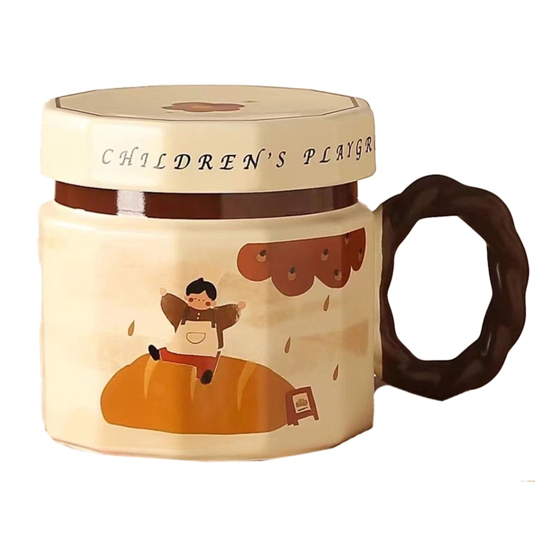 Cana din ceramica, Flippy, Cana pentru Cafea, Ceai, Cana Universala, Unisex, Cana cu Capac, 9 x 8 x 8 cm, 400 ml, Model Baietel Bej
