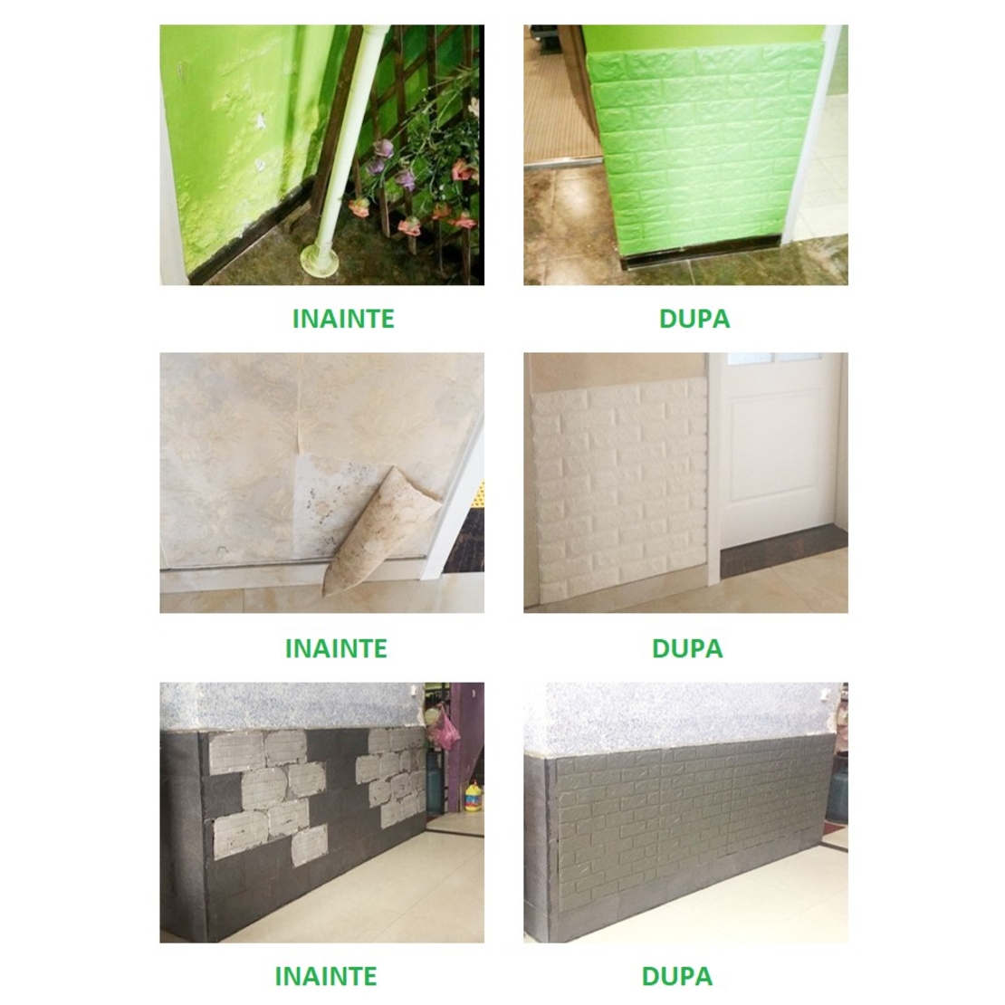 Set 10 Stickere de Perete, Flippy, Autoadezive, 70 x 77 cm, 3.5 mm Grosime, Suprafata Acoperita 5.3 mp, din PVC, Model Caramida, Gri