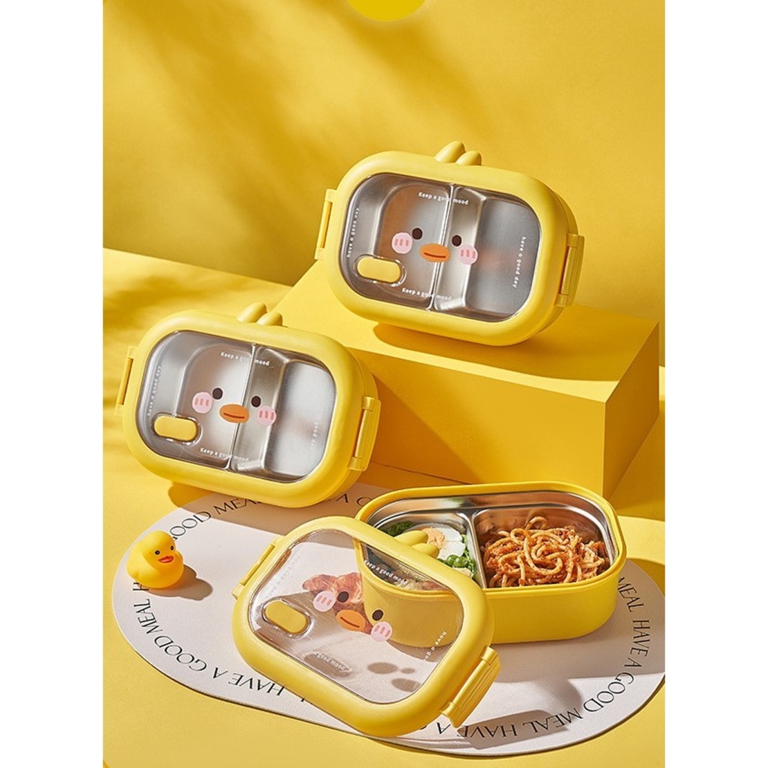 Cutie pentru Pranz sau Gustari, Flippy, cu Doua Compartimente, Model Ratusca, pentru Copii si Adulti, Etansare, PP, Perfect pentru Scoala si Birou, 1000 mL, 22.5x14.5x8 cm, Galben