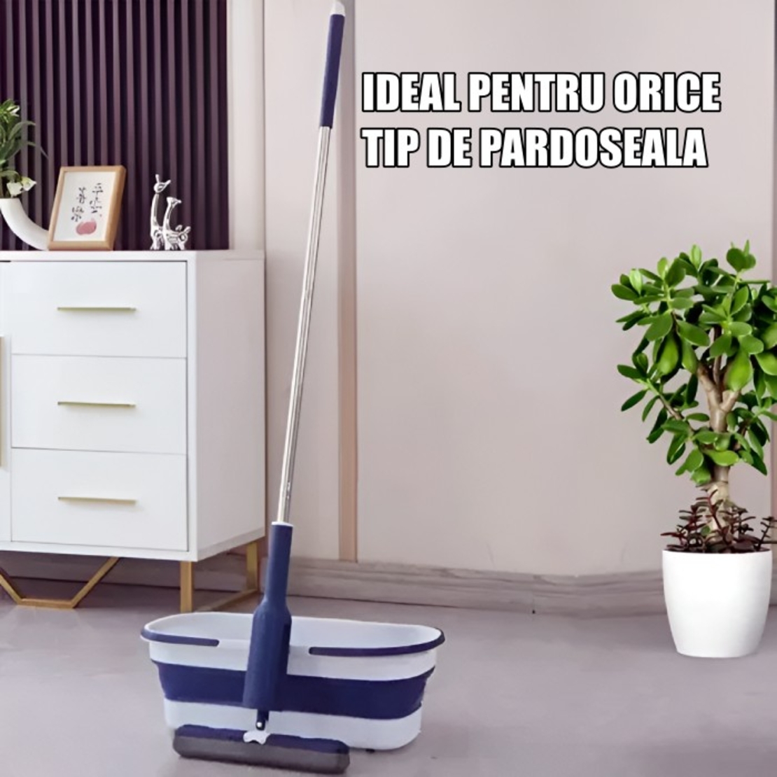 Set Mop Telescopic cu Galeata Pliabila, Flippy, Albastru, 32 cm, Maner Reglabil 140 cm, Sistem de Stoarcere Eficient