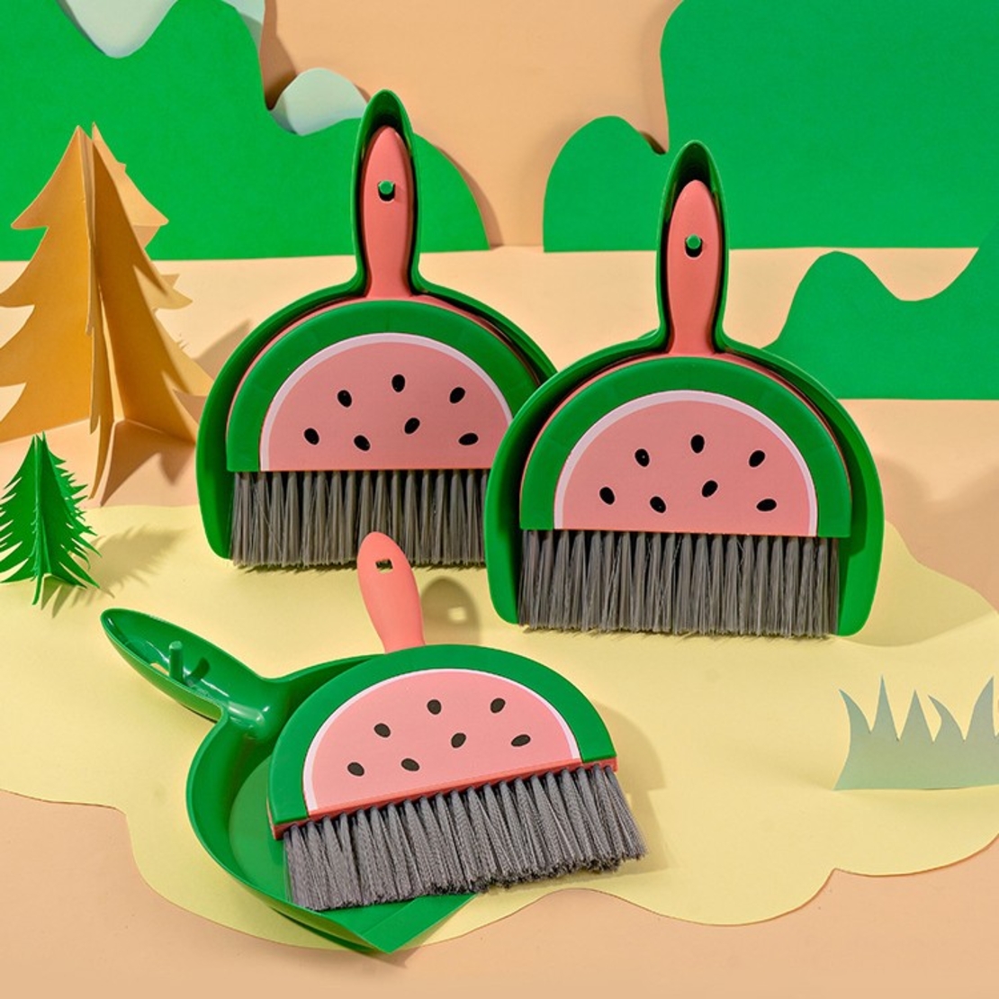 Set Mini Matura si Faras, Flippy, LITTLE CLEANER, Uz Casnic, pentru Birou, Bucatarie, Casa, Model Pepene Verde, 23 x 18 cm Roz-Verde