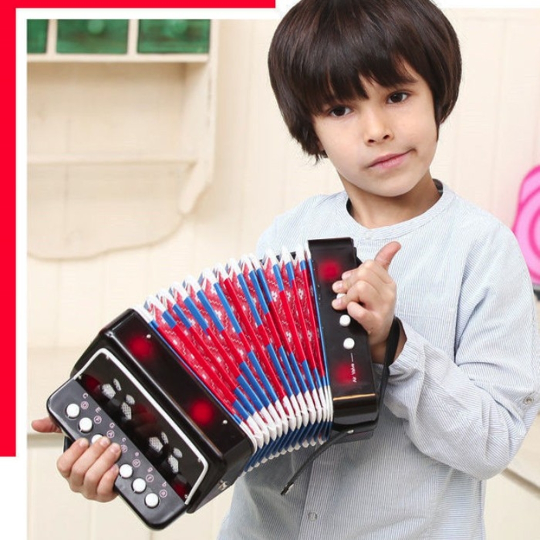 Acordeon Pentru Copii, Flippy, Acordeon Jucarie pentru Educatie Timpurie, 7 butoane 2 bass, Acordeon Instrument Muzical pentru Copii, 18 x 17 x 10 cm, Negru
