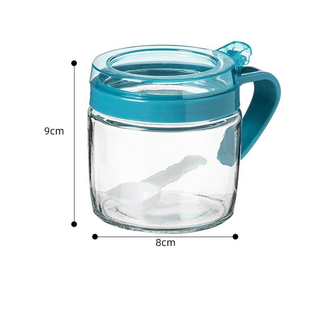 Recipient Condimente, Flippy, din Stilca, 180 ml, cu Maner si Lingurita, 8 x 9 cm, Capac Transparent, Albastru