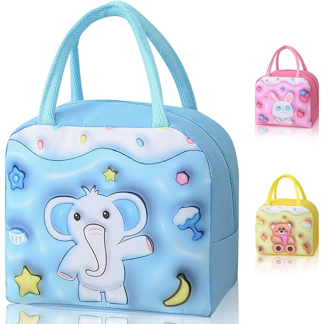 Geantă Frigorifică, Flippy, cu Desene Animate 3D, Portabilă pentru Copii, de Prânz, din Pânză Oxford, 23x13x19 cm, Model Elefantel, Albastru