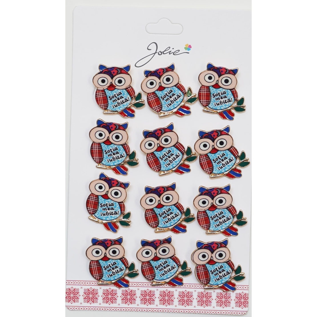 Set 12 Brose Martisor Primavara Bufnita cu Mesaj Sotia Mea Iubita