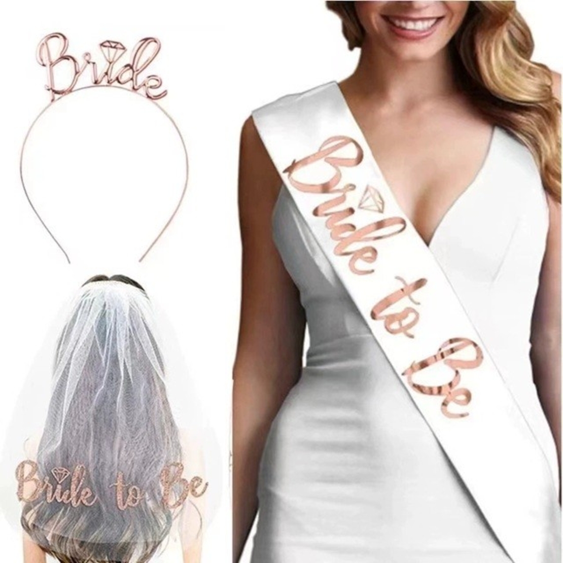 Set de Accesorii pentru Mireasa, Flippy, Coronita, Panglica, Stickere, Voal, Model Bride To Be, Tematica Nunta, Alb-Roz