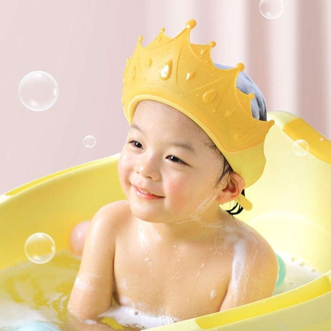 Viziera de Protectie Baie Pentru Copii, Fippy, Model Coroana, Dimensiune ajustabila, Durabil, Usor de curatat, Impotriva Samponului, pentru Ochi si Urechi, TPE+PP, Galbena