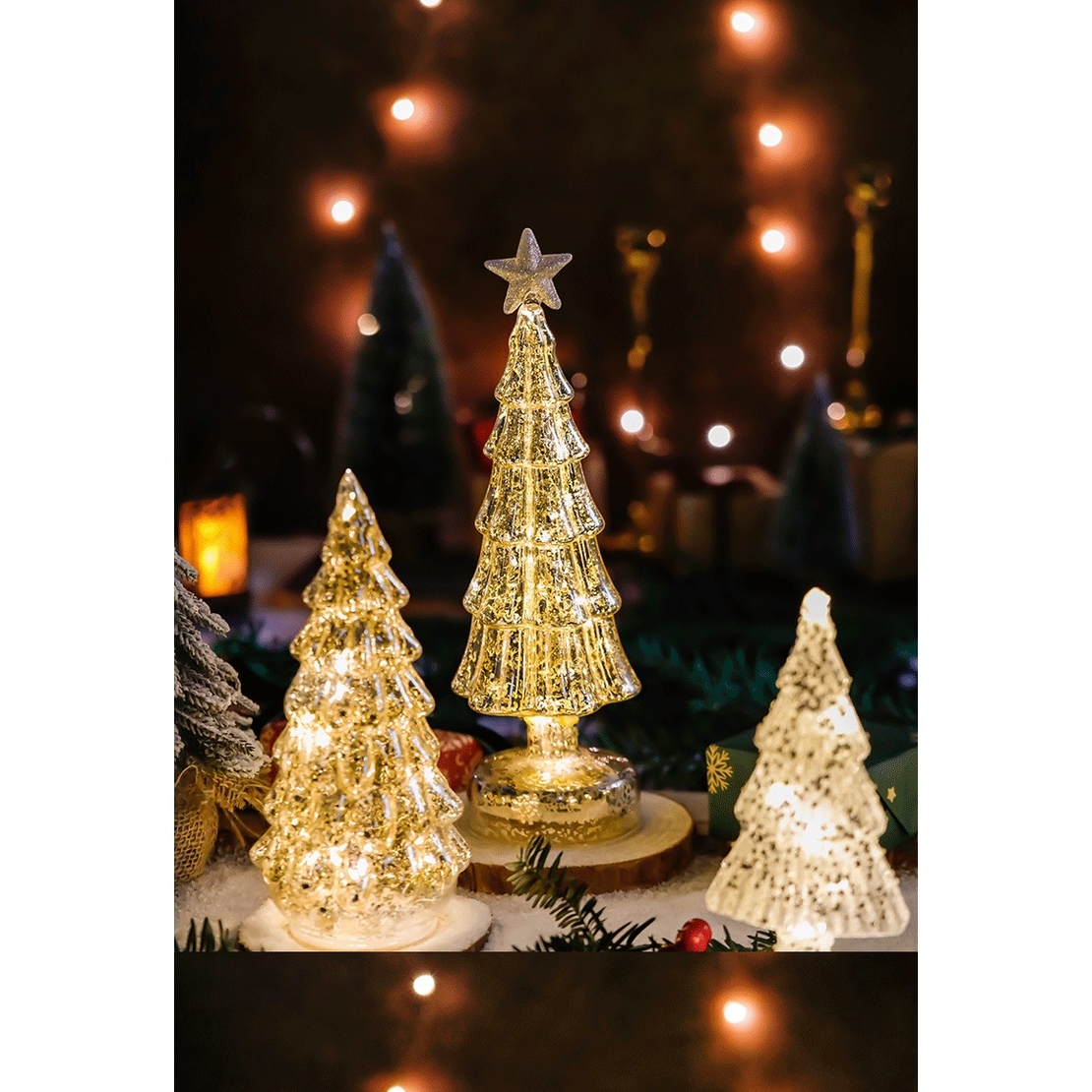 Decoratiune de Craciun, Flippy, Model Brad cu Stea, din Sticla, Lumini, Baterii 3 AA, 24 x 8 cm, Auriu