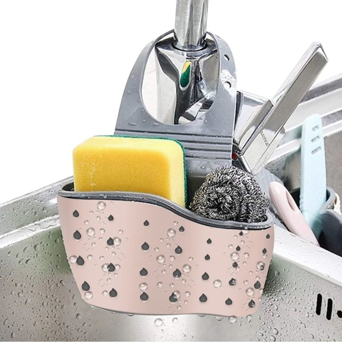 Suport Scurgere pentru Burete si Laveta de Vase Bucatarie, Flippy, Roz, Curea Reglabila, Plastic Flexibil, 15x 5x 21cm