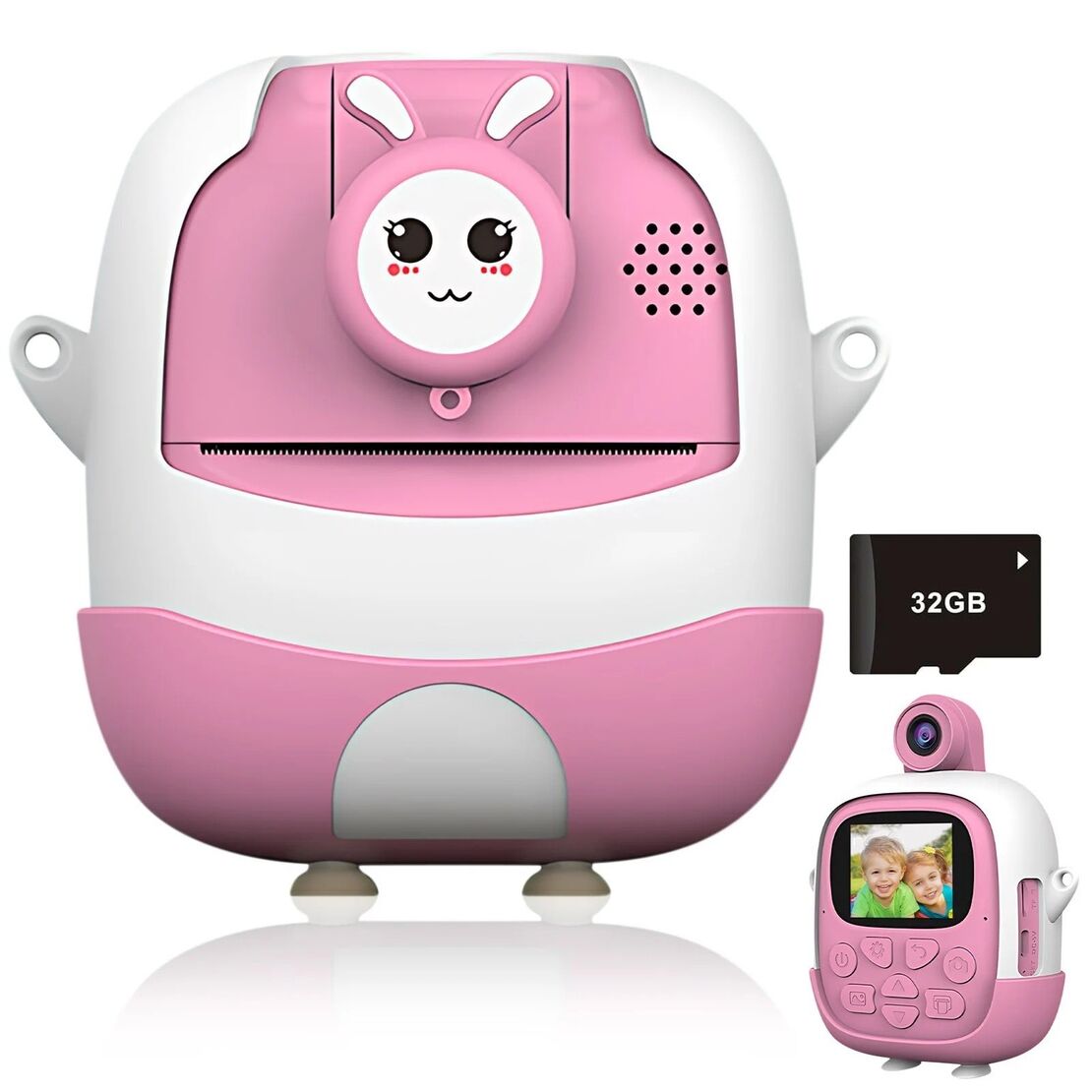 Camera Instantanee pentru Copii, Flippy, cu Functie de Printare, Cablu USB-C, Bluetooth, Compatibil iOS/Android, Camera Frontala + Selfie, Model Iepure, Snur Inclus, Roz