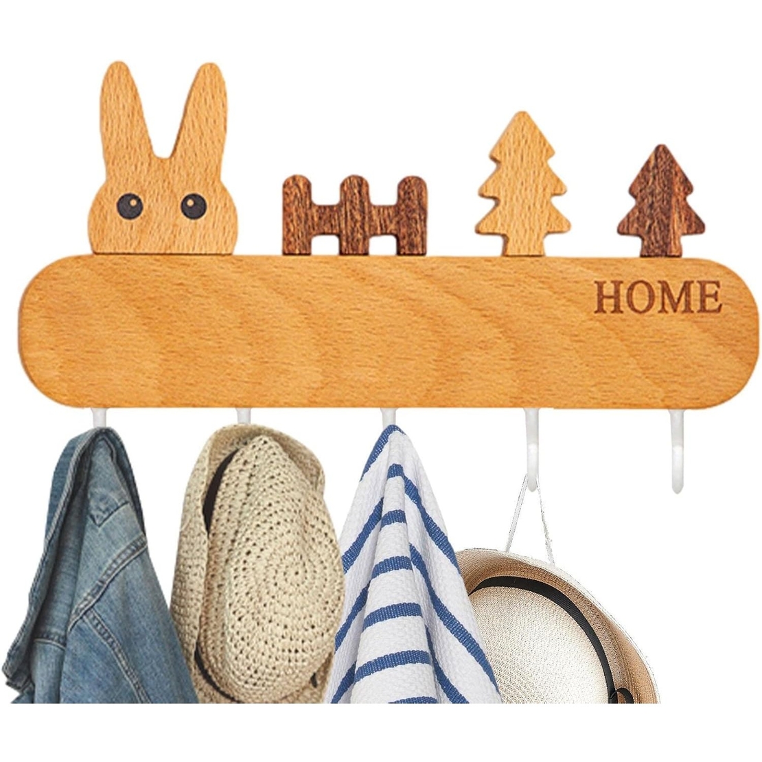 Suport pentru Chei, Flippy, din Lemn, Aplicare fara Perforare, Adeziv Inclus, 5 Carlige Albe, Model Iepure, Greutate Suportata 5 kg, 13.5 x 22 cm, Maro