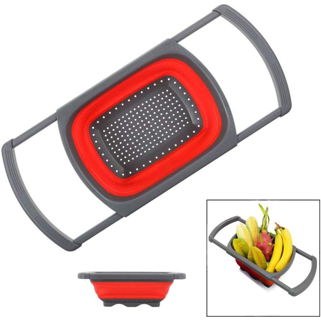 Cos de Scurgere Retractabil pentru Chiuveta, Flippy, cu Filtru, pentru Fructe si Legume, de Uz Casnic, 39x12 cm, Design Extensibil pana la 61 cm, cu Manere de Prindere, Rosu
