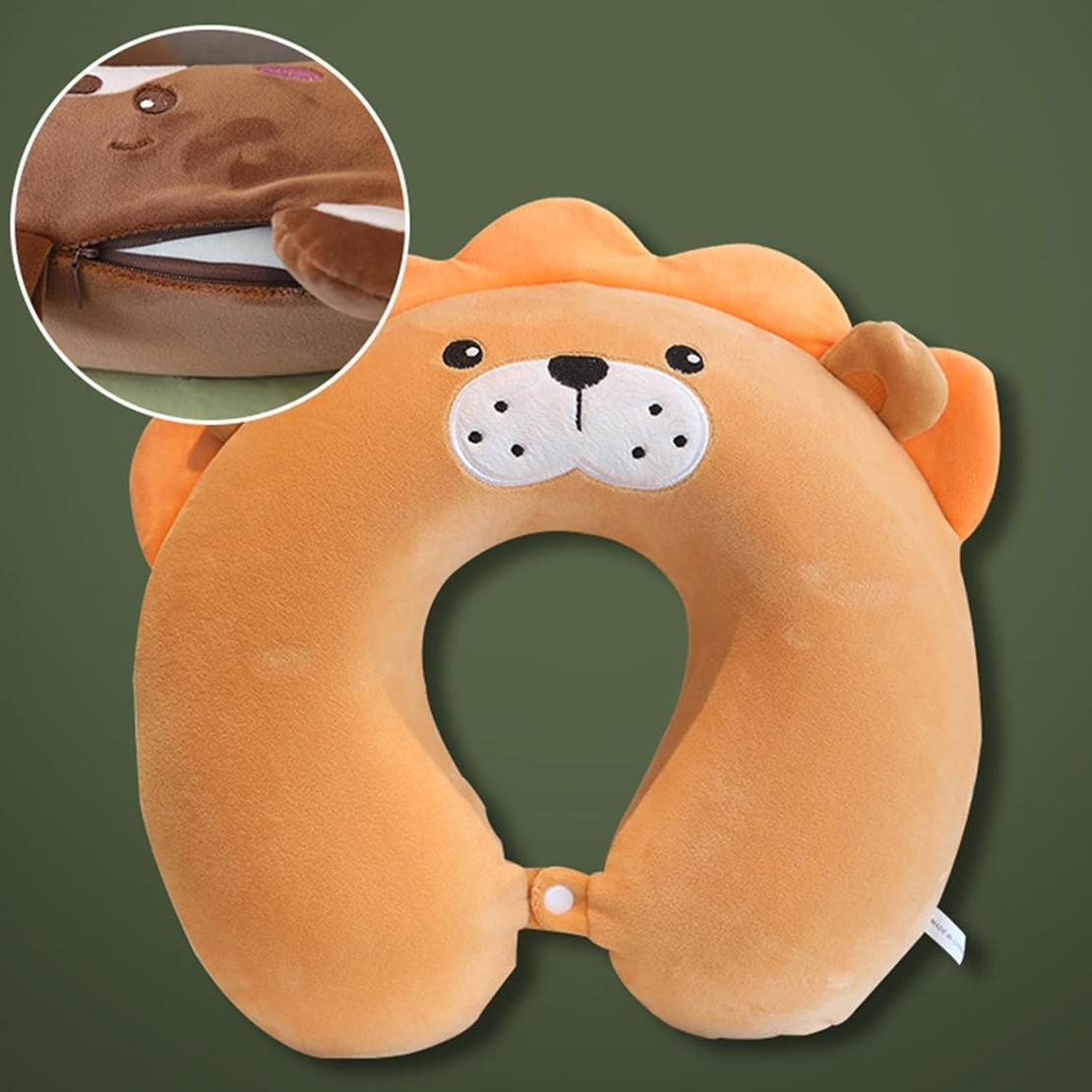 Perna de Calatorie in Forma de U, Flippy, Pentru Gat si Cap, Umplutura din Spuma cu Memorie, 30x30 cm, Model Leu, Accesoriu de Voiaj, Birou, Masina, Sistem Prindere Capse, Maro