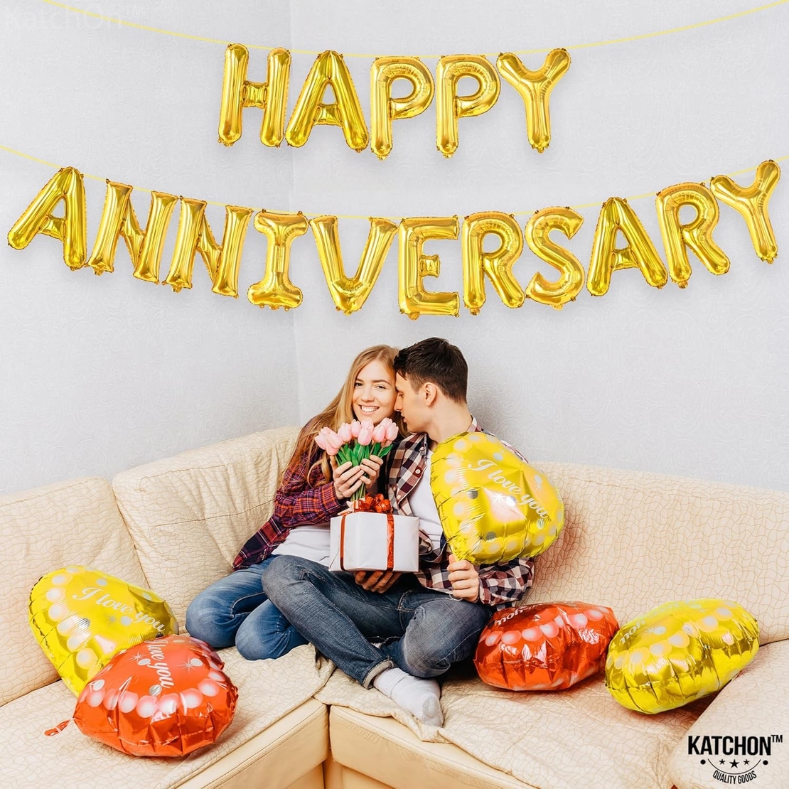 Set Baloane din Folie Metalizata, Flippy, Model Happy Anniversary, Litere de 40 cm, Baloane Party, Ambalaj Individual, Pai Inclus, Umflare cu Aer sau Heliu, Auriu