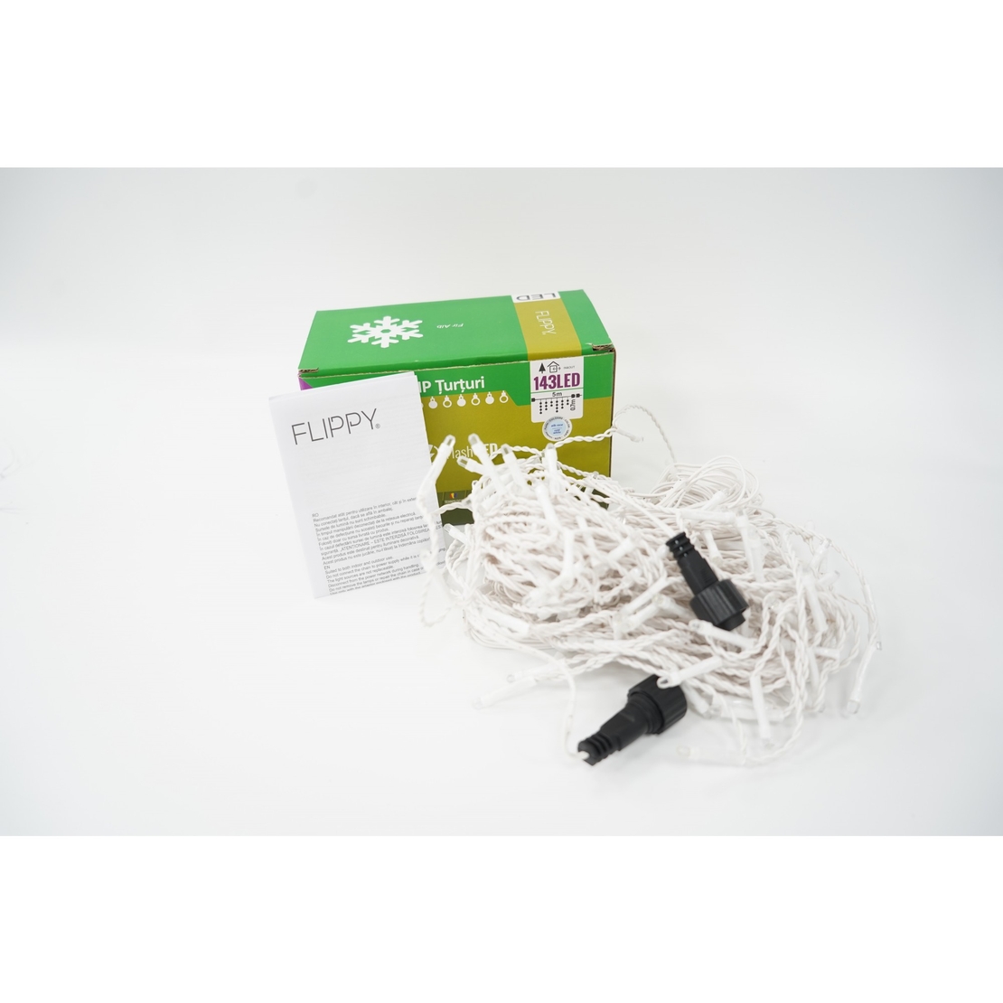 Sectiune Instalatie de Craciun, Flippy®, Tip Turturi, 5 m, 143 LED-uri, cu Flash, Fir Alb, Lumina Alb Rece, IP44, Interconectabila
