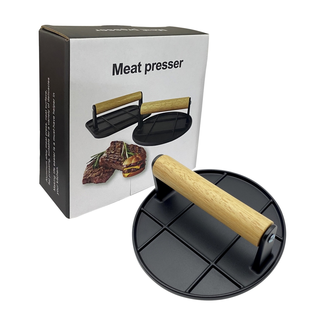 Presa Manuala pentru Carne, Flippy, din Aliaj de Aluminiu, Maner din Lemn, Presa pentru Burgeri, Usor de Curatat si Folosit, Rotunda, 16x16x6 cm, Neagra