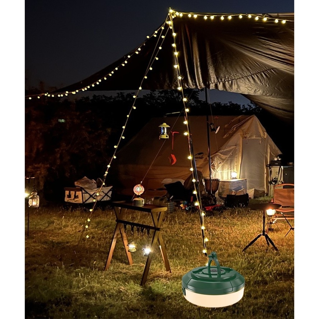 Lumină de camping LED încărcare USB, Flippy, șir colorat, pentru aer liber, cort, Distanta 10 metri, 1800mAH, 10.5x4.3 cm, Alb Verde