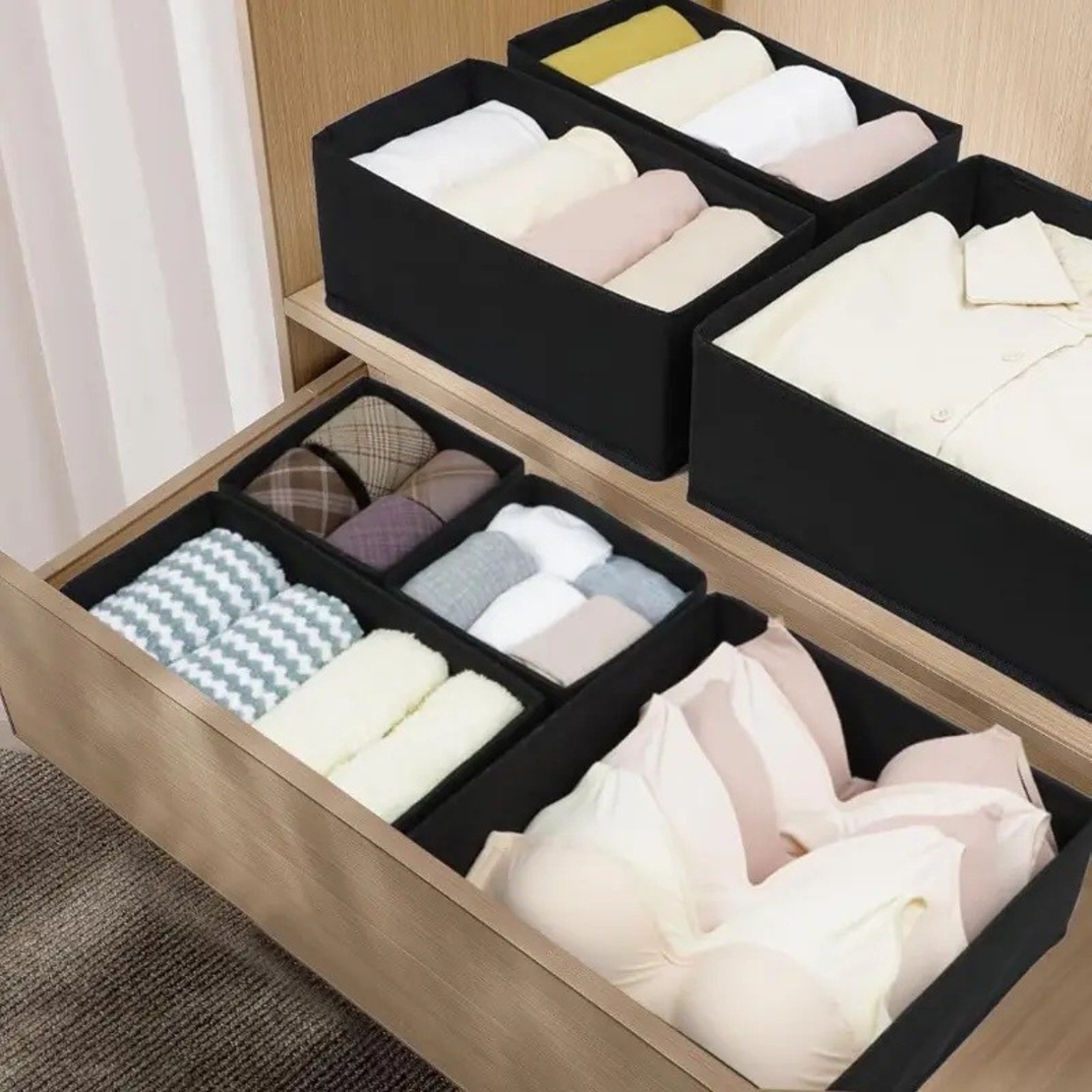 Organizator pentru Sertar, Flippy, 3 Marimi, pentru Lenjerie, Tricouri, Sosete, 6 Piese, Pliabil, Stivuibil, din Tesatura, Negru