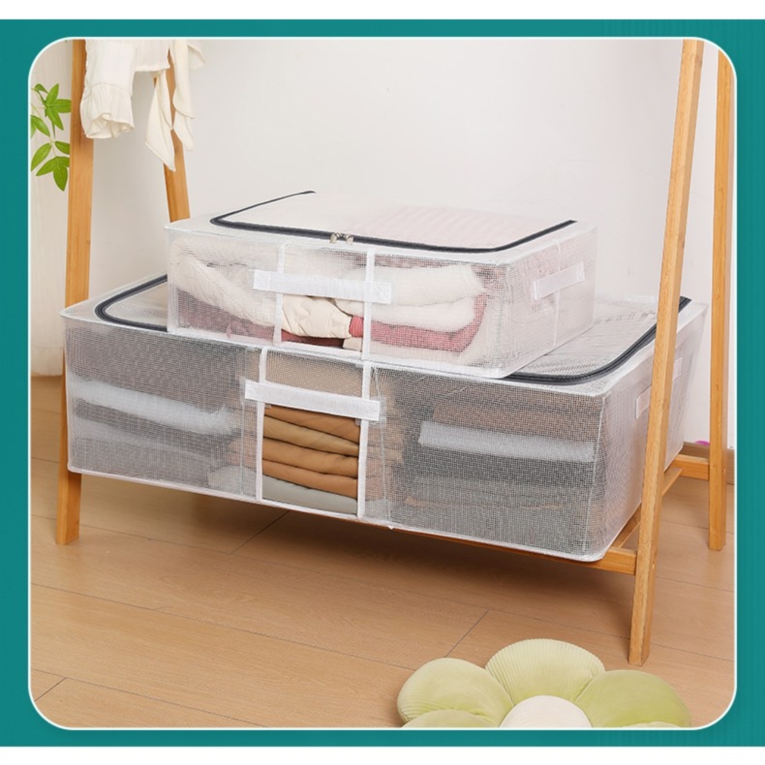 Cutie de Depozitare pentru Pantofi, Flippy, 60*30*21CM , din Plasa PVC Impermeabila si Cadru de Otel, Pliabila, Fermoar Bidirectional, Transparenta
