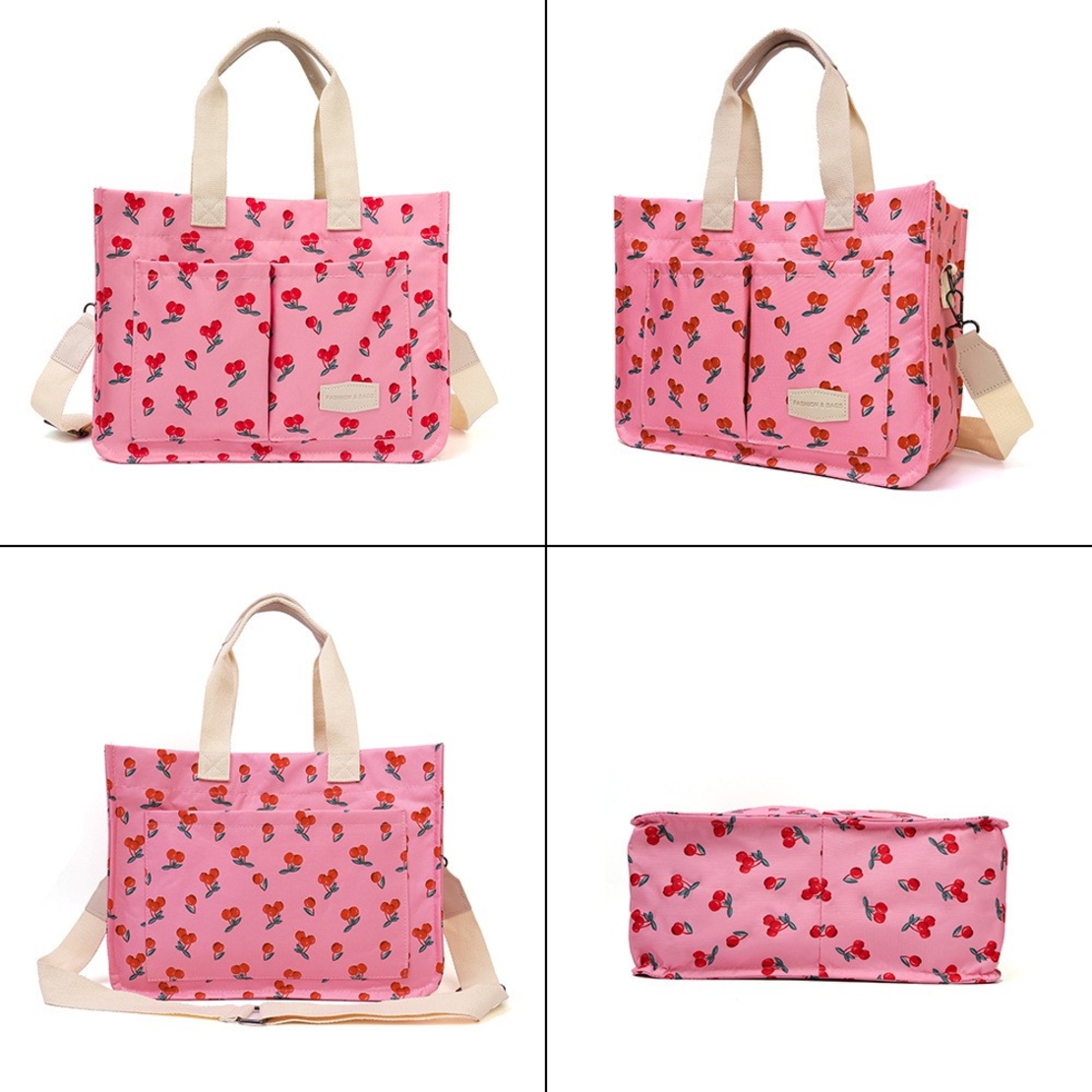 Geanta de Mana/Umar, Multifunctionala, Flippy, Inchidere cu Capsa, Imprimeu Cirese, Material Textil, 33.5 x 25 x 14.5 cm, Roz