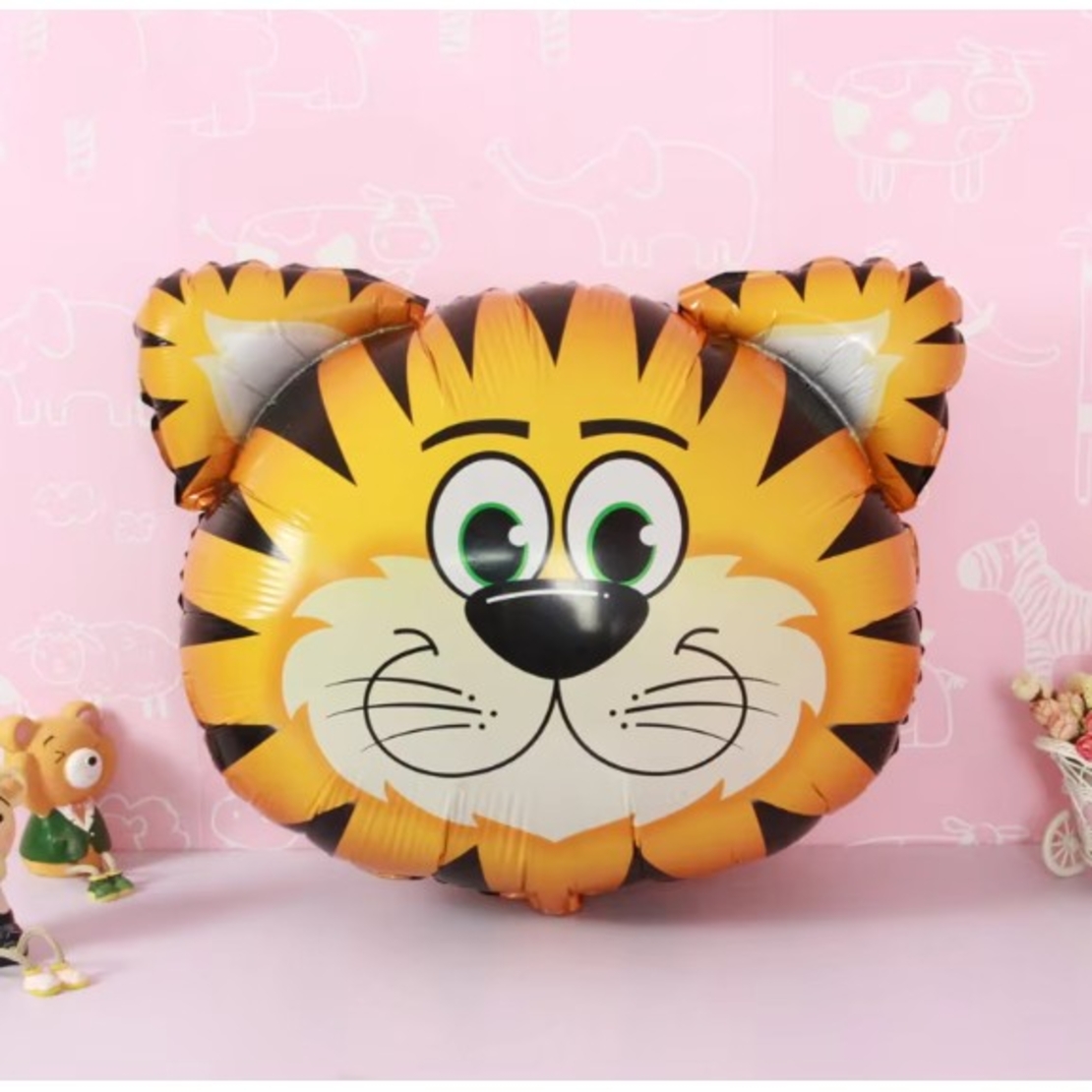 Balon din Folie Metalizata, Flippy, Mini Figurine Animalute, Model Tigru, Tematica Aniversare, 38x31 cm, Ambalaj Individual, Pai Inclus, Umflare cu Aer sau Heliu, Multicolor