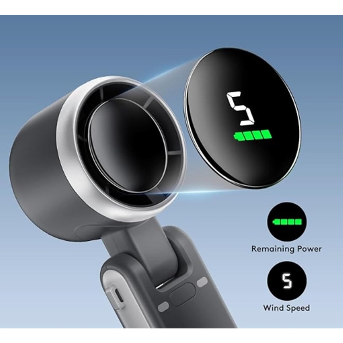 Mini Ventilator Portabil, Flippy, 5 Trepte de Viteza, Afisaj Digital, Incarcare USB, 5V, 2A, 5.95 x 5.2 x 17.2 cm, Negru