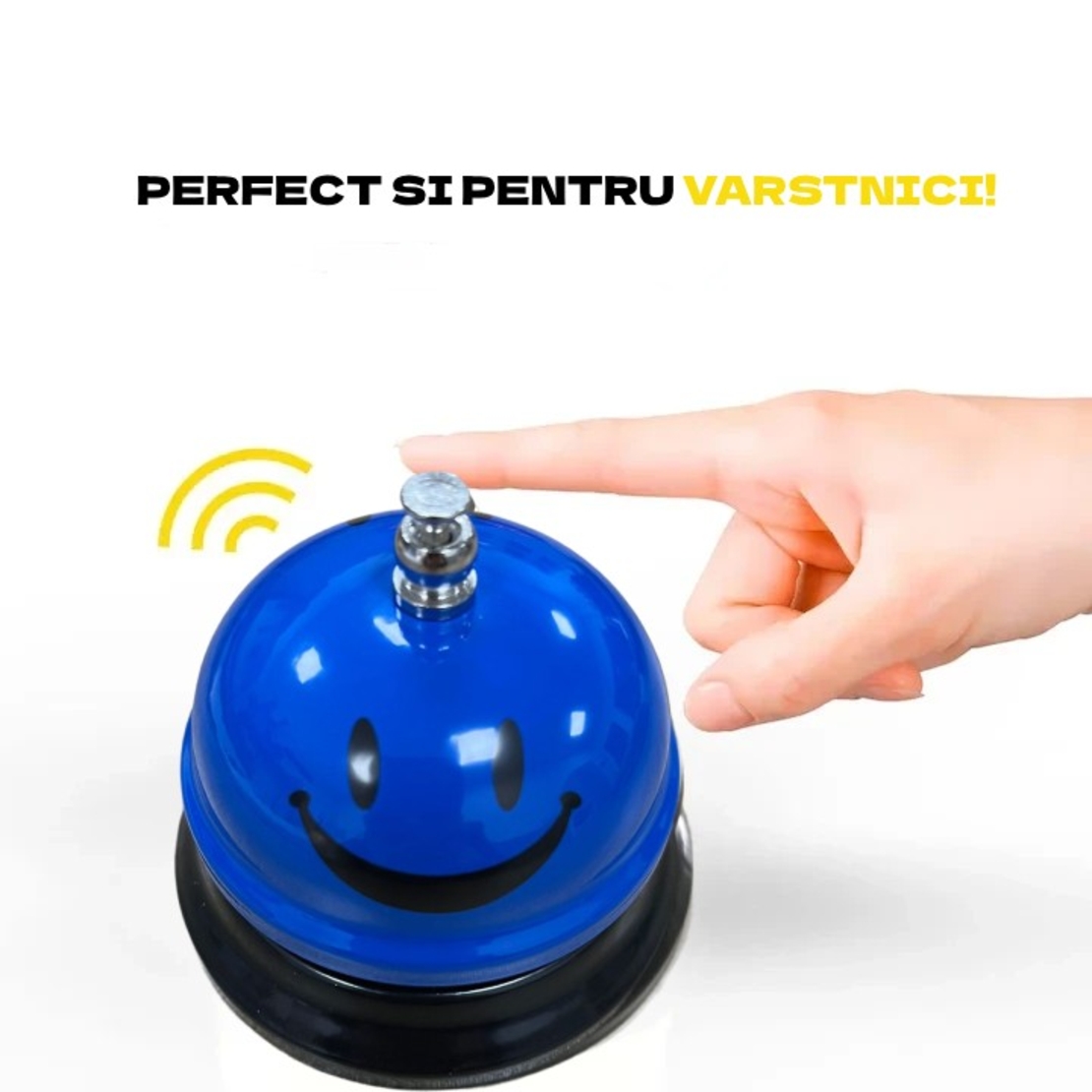 Clopotel Metalic Multifunctional, Flippy, Albastru cu Imprimeu Smiley Face, 7.5x7.5x6.5 cm, Receptie, Restaurant, Cafenele