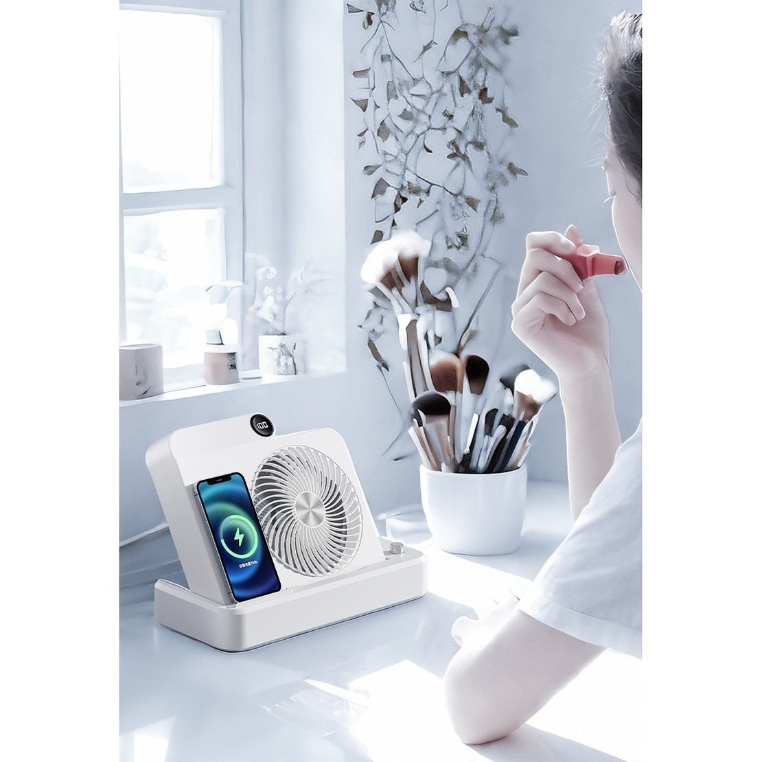 Ventilator 2in1, Flippy, Functie Incarcare Telefon Wireless, 100 Trepte de Viteza, 2400 mAh, 5V, 2A, 25 x 16.5 x 24 cm, Alb
