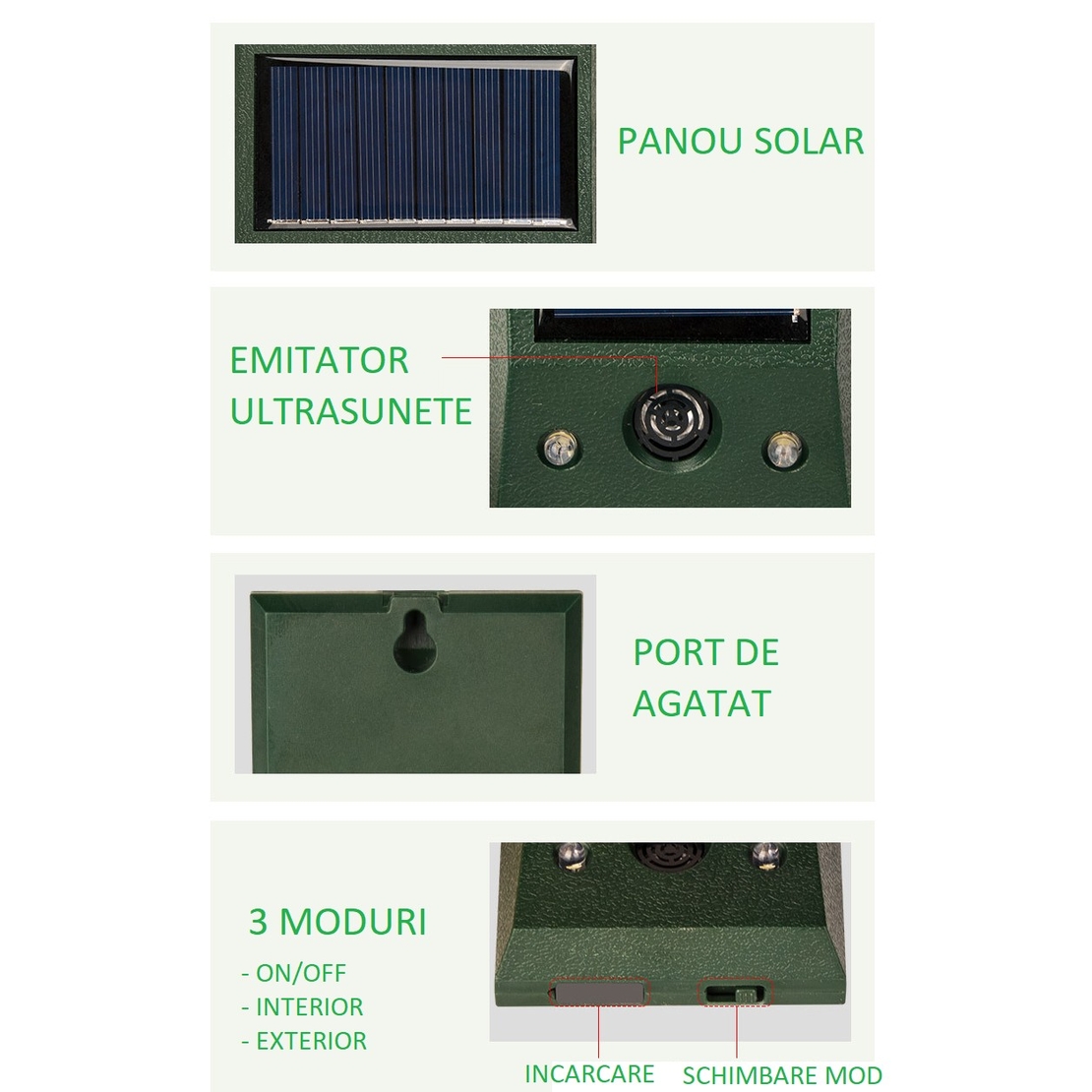 Aparat Solar LED cu Ultrasunete, Flippy, Repelent pentru Animale Mari si Mici, Lumina Rosie si Alba, Anti Rozatoare, Anti Insecte, Frecventa 9-36.5KHZ, 12 X 6.5 cm, Verde