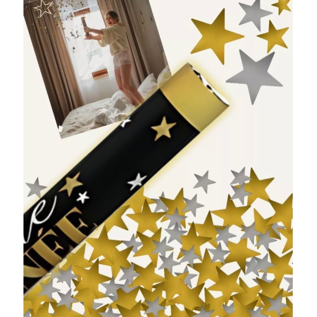 Tub de Confetti, Flippy, Bonne Annee, 40x5 cm, Confetii Stelute din Aluminiu, Auriu/Argintiu