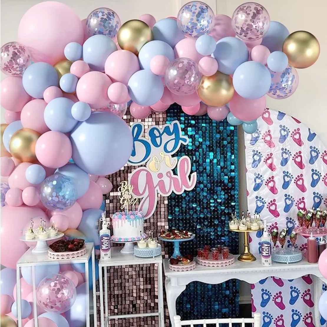 Baloane decorative pentru GENDER PARTY, Flippy, Arcada Set 130  baloane, Arcul de Baloane Roz si Albastru, Baloane Confetti Aurii, Multicolor