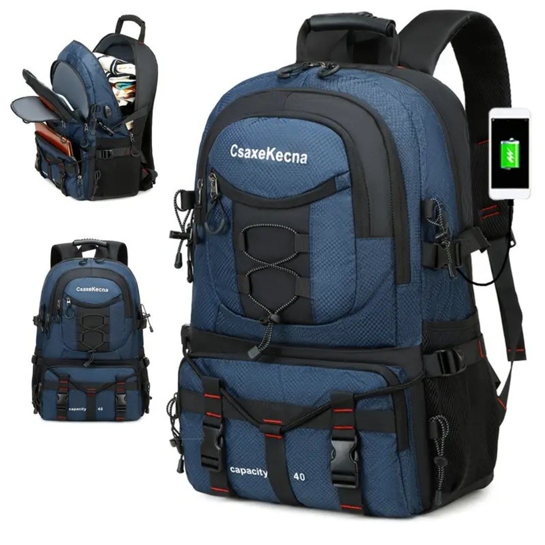 Rucsac Multifunctional de Alpinism, Flippy, Capacitate 36-55 L, de Calatorie, Impermeabil, Slot USB Incarcare Telefon, Bretele Reglabile, 52 x 34 x 19 cm, Albastru