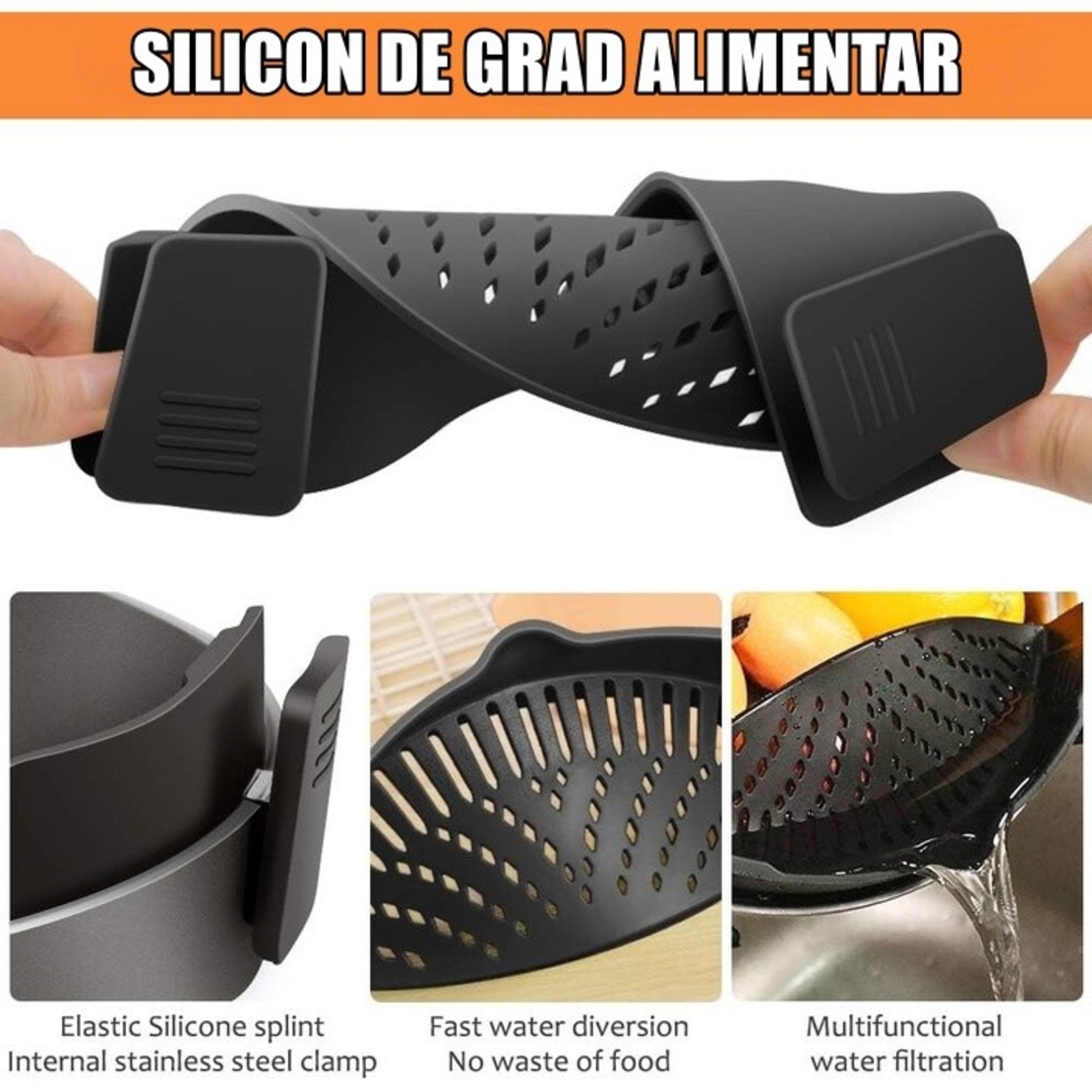 Strecurator Filtru pentru Vase, Flippy, din Silicon Rezistent la Temperaturi Inalte, Universal, Paste, Legume, Fructe, 23x12.5x6.7 cm Negru