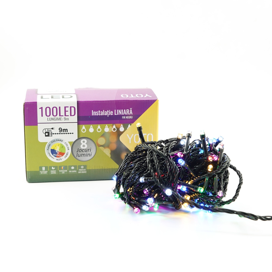 Instalatie de Craciun liniara Yoto, 10 m, din care 1 m cablu priza 220V, 100 LED, 8 jocuri de lumini, pentru interior, controler, fir negru, multicolor
