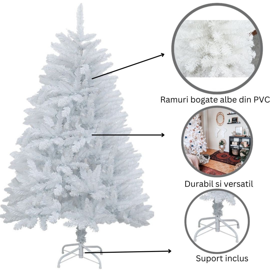 Brad de Craciun artificial cu suport inclus Flippy, 120 cm, 240 ramuri/varfuri, material plastic, suport clasic, fara iluminare, utilizat pentru interior/exterior, alb