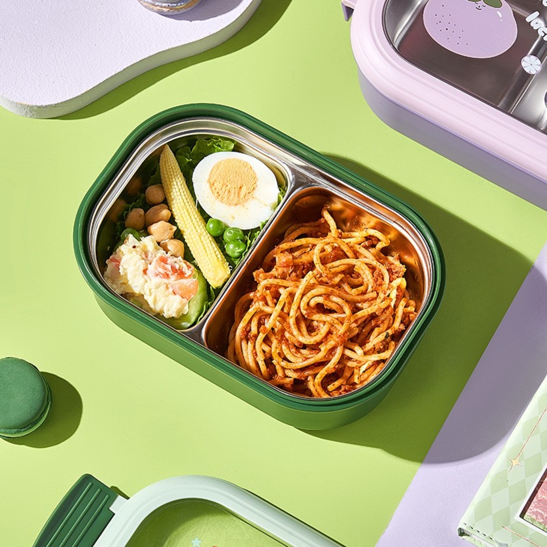 Caserola Container pentru Pranz, Flippy, Caserola LUNCH BOX pentru Studenti, din Plastic PP, pentru Scoala, Compartiment Metalic in Interior, 22.5 x 14.5 x 8 cm, Verde