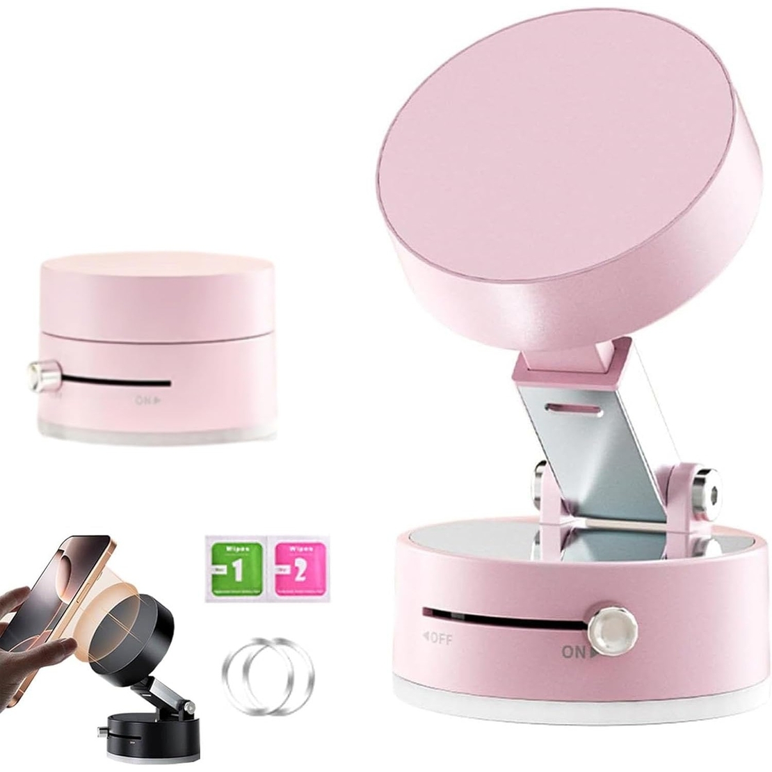 Suport Magnetic Auto pentru Telefon, Flippy, cu Ventuza, Pliabil și Retractabil, Fixare prin Vid și Magnet, Rotativ 360°, Roz