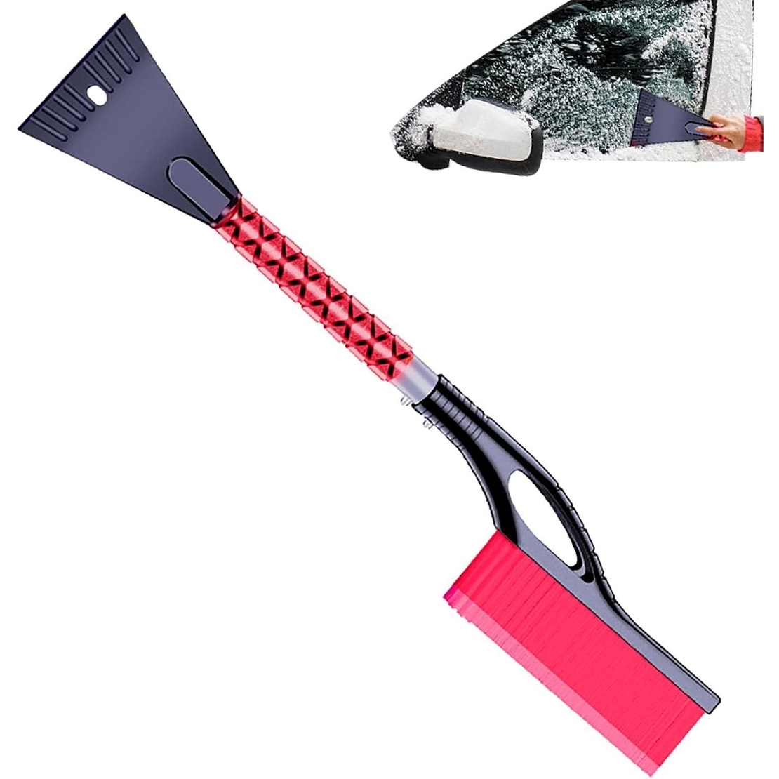 Perie de Zapada cu Racleta pentru Masina, Flippy, Multifunctionala, Demontabila, cu Maner Antiderapant, Aluminiu, Plastic, Fragmentarea Ghetii de pe Parbriz, Solutia pentru Iarna, pentru Dezghetare, 68x24x11.1 cm, Rosu
