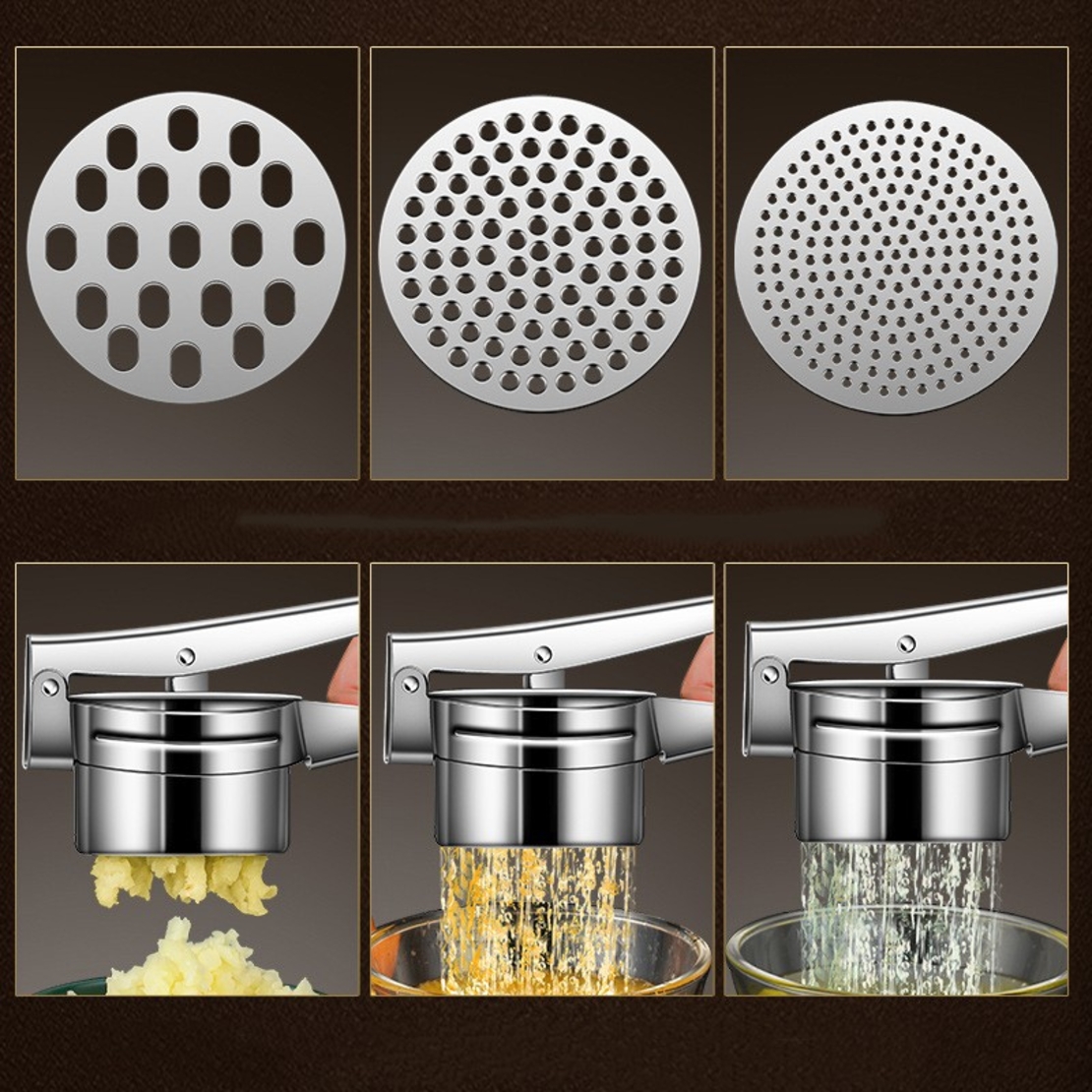 Presa Storcator pentru Fructe si Legume, Flippy, Zdrobitor Manual, Inox, 3 Discuri Interschimbabile, Usor de Stors si de Curatat, Ergonomic, 26.5 x 9.8 x 9.5 cm Argintiu