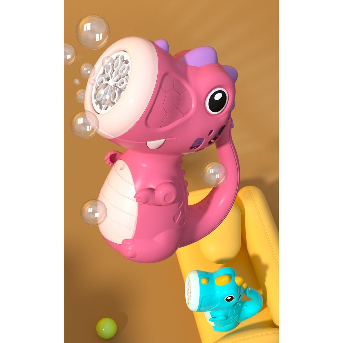 Jucarie Interactiva pentru Baloane de Sapun, Flippy, Sunete si Lumini, Model Dinozaur, cu 8 Orificii, 15 x 8.5 x 18.5, Roz