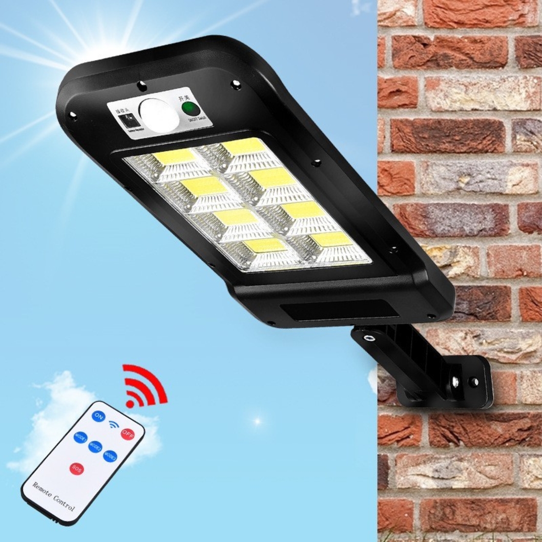Lampa Solara De Exterior LED Flippy, 36 cm x 11.5 cm, kit montare inclus, 2880 Lumeni 120 COB LED 24 W - echivalent 192 W bec incadescent, IP65, Senzor de Miscare, 3 moduri de iluminare, Senzor de Lumina, 12 Grile, Alb Rece