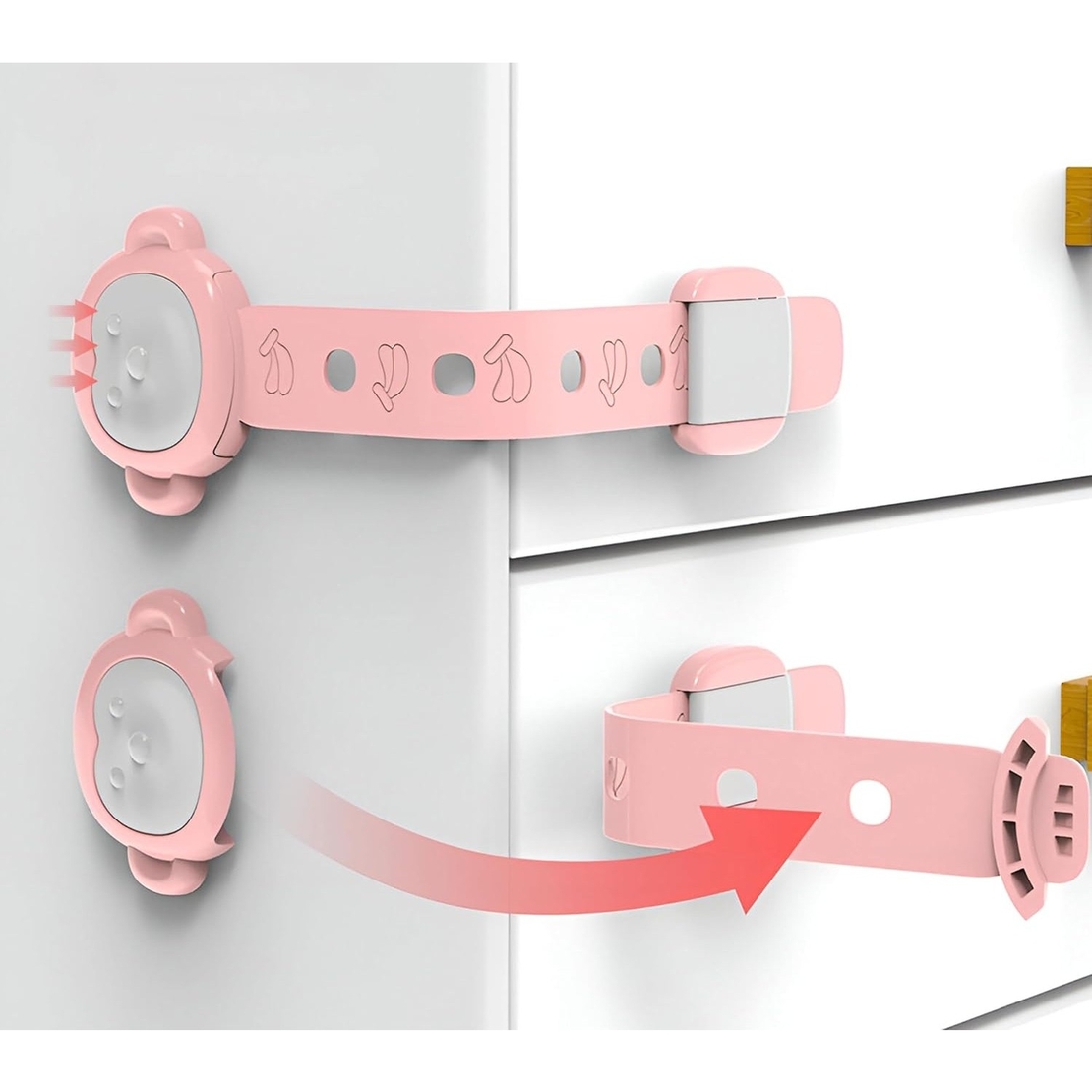 Siguranta pentru Usi Copii, Flippy, Sistem de Blocare Sertare, Dulap, Frigider, Adeziv, cu Sistem de Inchidere Dublu, Model Maimutica, Roz