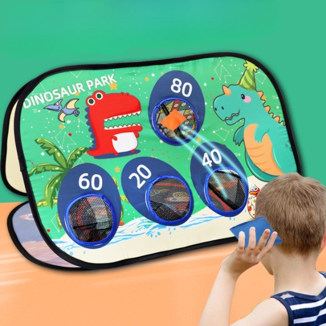 Joc pentru Copii, Flippy, Aruncarea Sacilor cu Nisip, Sageti, 8 Mingi, 4 Saci, Geanta Portabila, Interactiv, Model Dinozauri, 77.5x44.5x42 cm, Multicolor