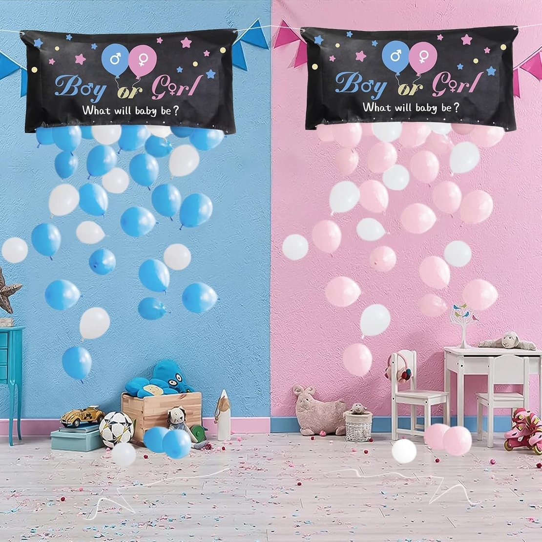 Set Gender Reveal, Flippy, Balloon Drop Bag, din Plastic si Latex, 24 Baloane Roz si Albastru 13 cm, Sac pentru Baloane 60 x 120 cm, Multicolor