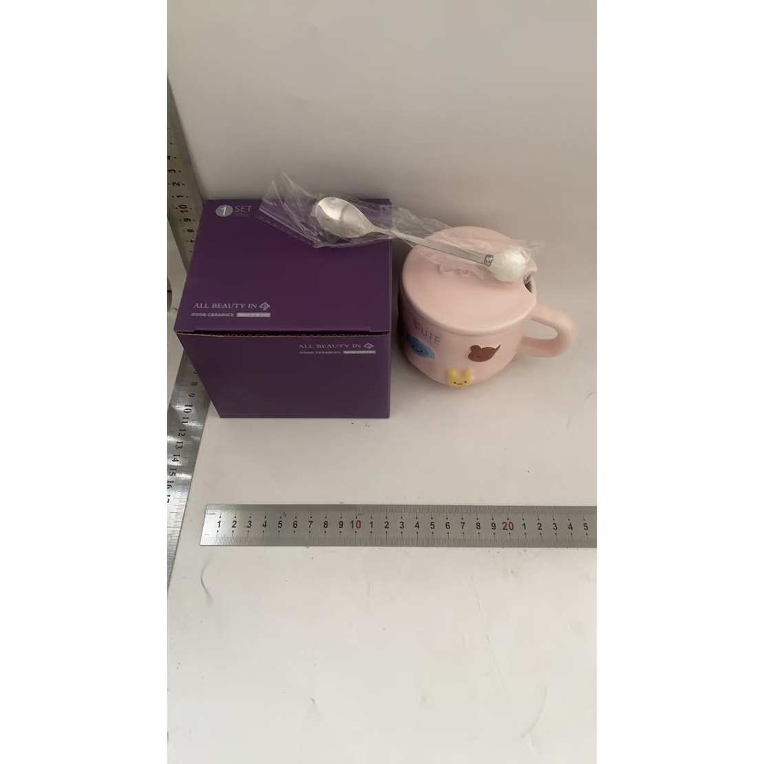 Cana ceramica, Flippy, din Portelan, print Figurine Animalute, Cana penru Copii, Model CUTE, Cana cu Lingura si Capac, Ceasca pentru Cafea, Ceai, 400ml Roz