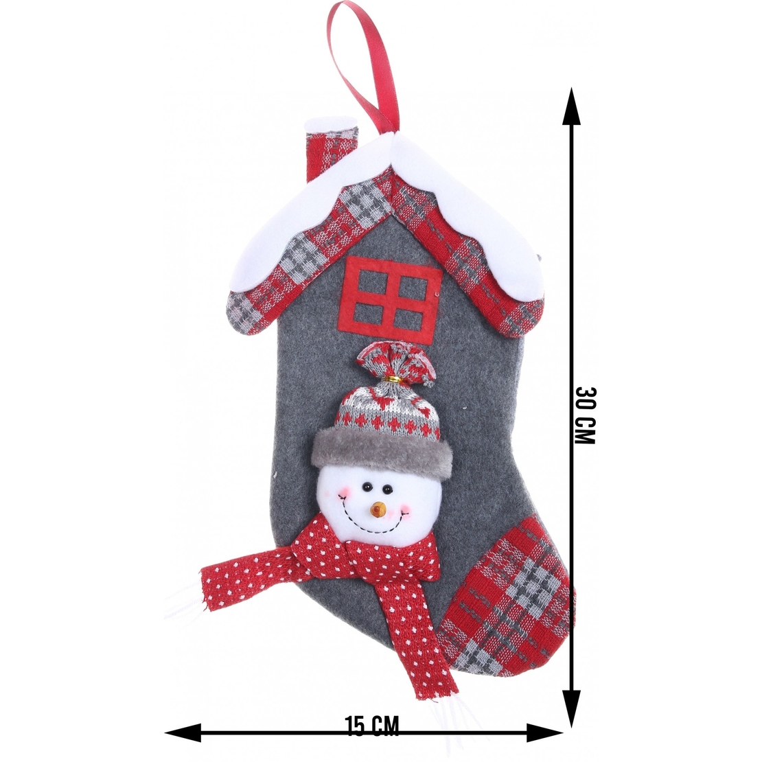 Ciorap Cadouri, model casa, culoare gri, imprimeu om de zapada, marimea 15x30 cm, Flippy