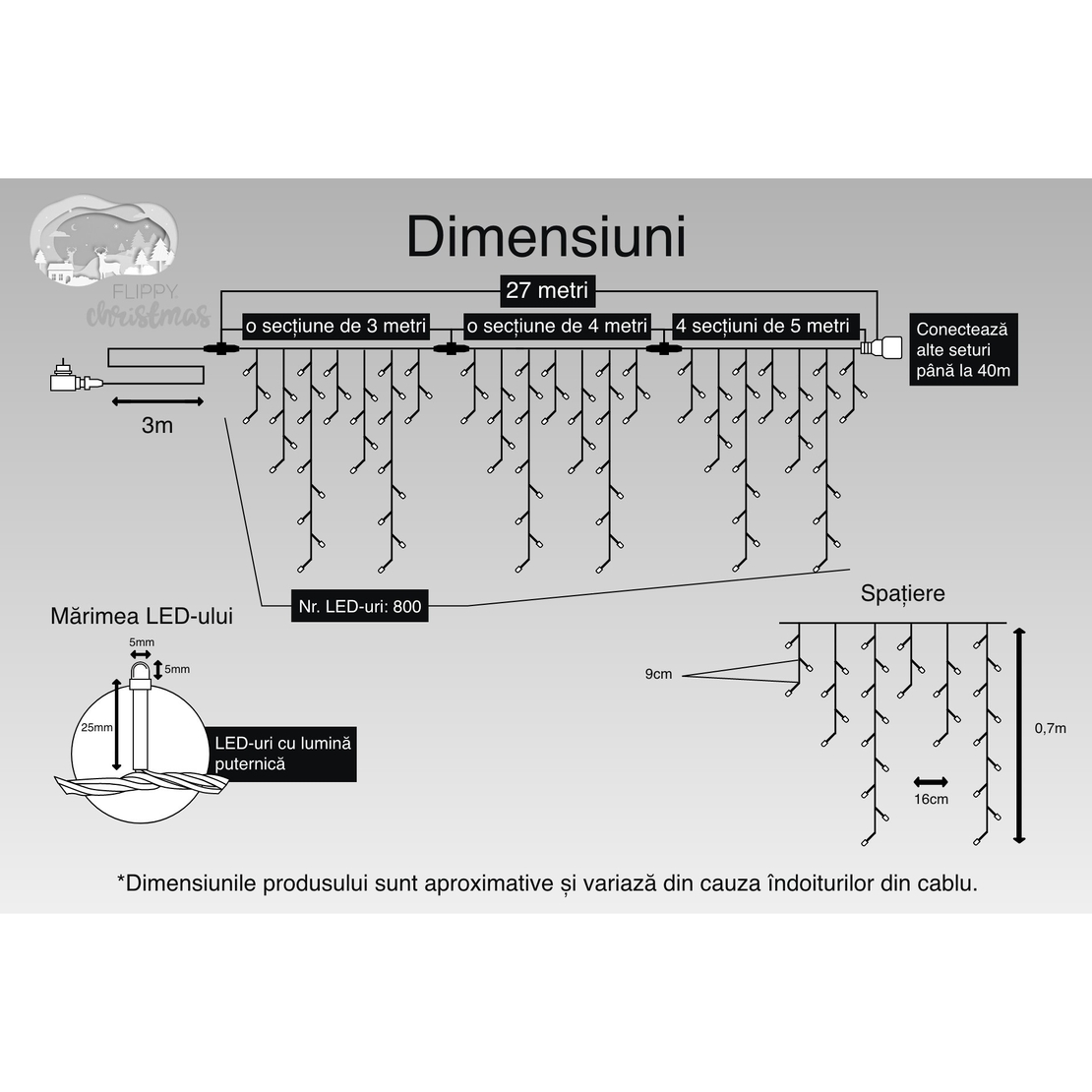 Instalatie Craciun Turturi, IP44, 27 m, 800 Led-uri ,Perdea Franjurata, Alb cald, 8 jocuri de lumini, Transformator 31 V, Putere 9 W, Interconectabila, Interior/Exterior, Prelungitor 3 m inclus, Fir Negru, Flippy